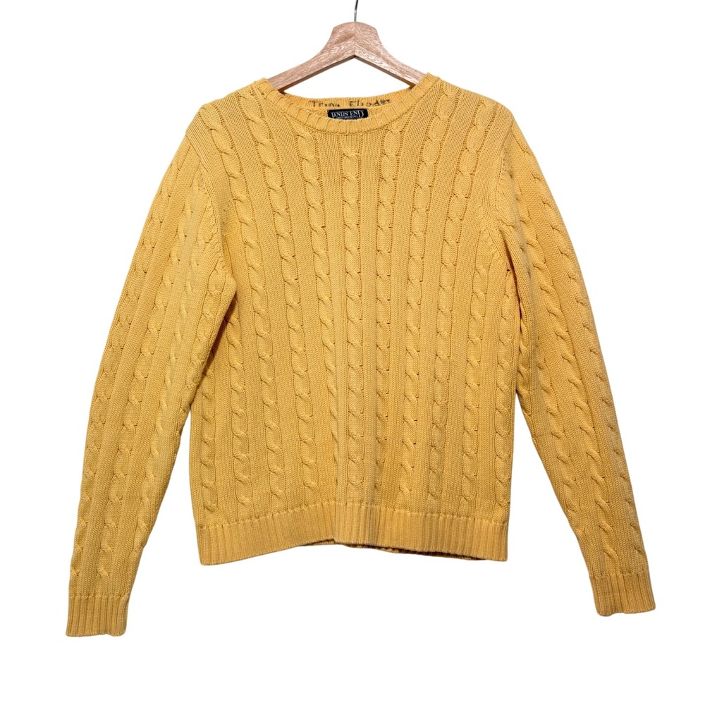 Lands End Womens Sweater Sz M Butter Yellow Cable Knit Crew Neck Cotton Preppy